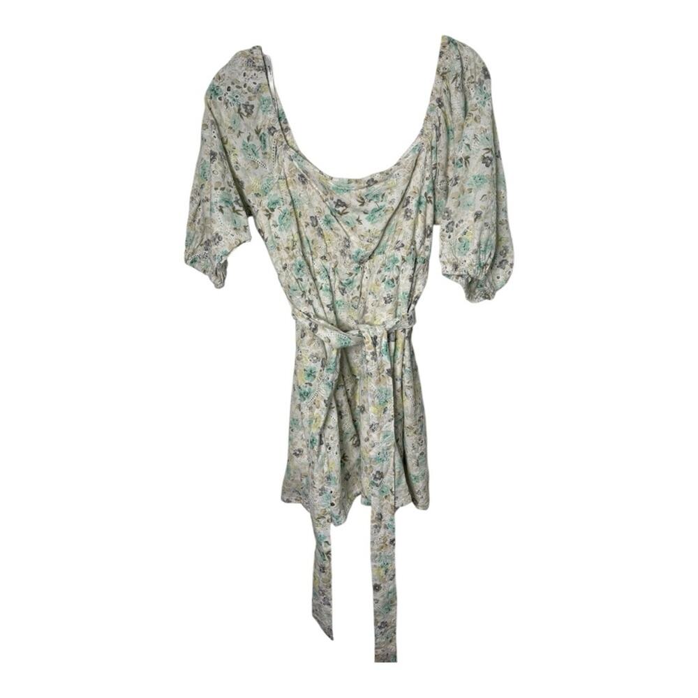 MinkPink Green White Floral Belted Puff Sleeve Mini Dress Large